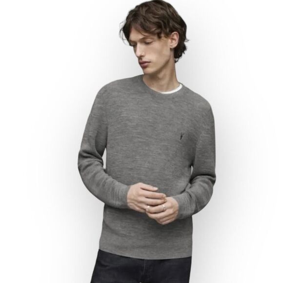 AllSaints Ivar Sweater Men's Med Gray Merino Wool Slim Fit Crewneck Long Sleeve